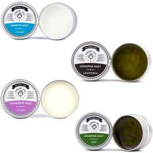  Mastičkové kombo od Konopného Táty 
 4 druhy extra účinných konopných mastí 
První byla čistá konopná, druhá přišla na svět kostivalka, třetí zinkovka a nakonec přibyla čtvrtá do party - tymiánka! To nejlepší z beskydského konopí v mastičkách dle tradičních receptur. Běžná cena samotných mastí (4 x 80 ml) 1320 Kč.